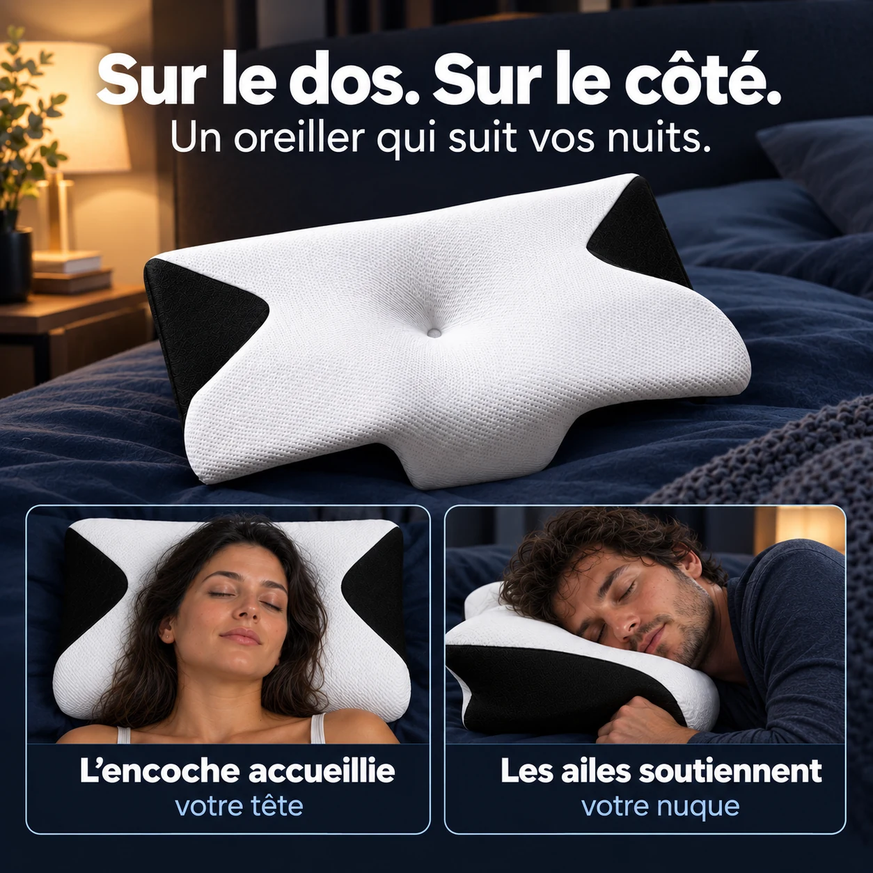 Oreiller ergonomique : sur le dos, sur le côté